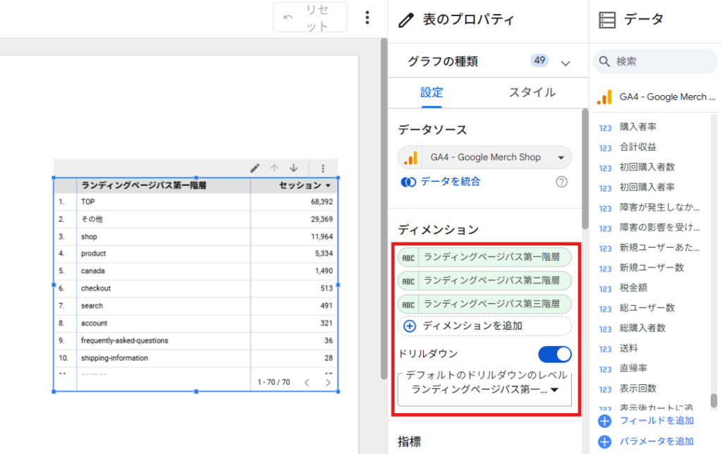 ドリルダウン Looker Studio